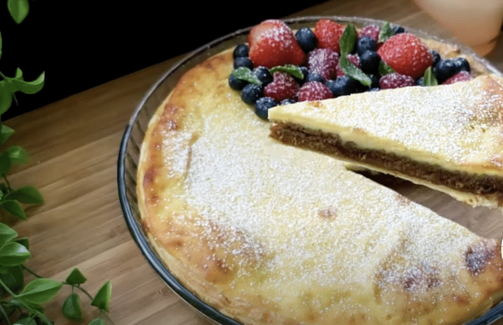 Fini cheesecake izrađen od lisnatog tijesta s špeulos vrhnjem i hrskavim keksima