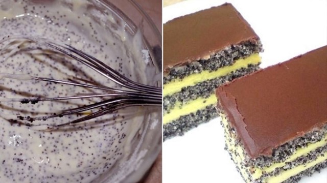 Poppy tijesto, krema od vanilije i čokolada preliveni na vrhu - isprobajte ovu fantastičnu lepinju! Mak torta s kremom od vanilije i čokoladne glazure
