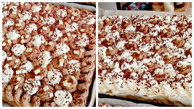 Harlequin na tepsiji za pečenje s hremenom od Nutella i šlagom Harlequin na tepsiji za pečenje s hremenom od Nutella i šlagom