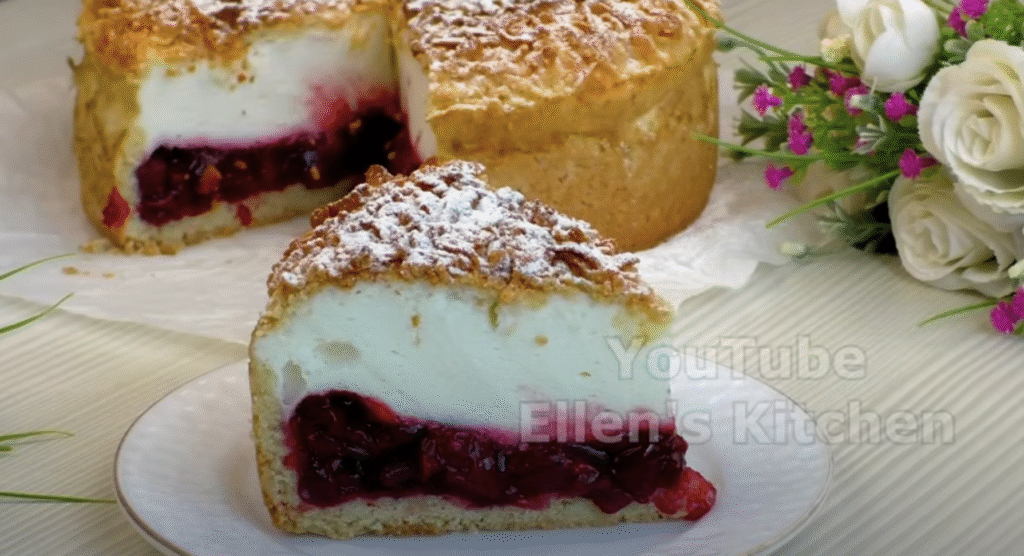 Mirisna torta od trešnje s pahuljastom vrhnjem i hrskavom, zlatnom mrvicom na površini.
